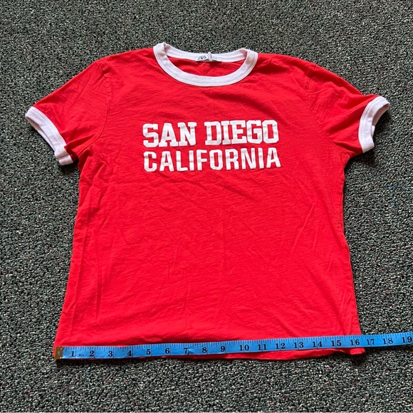 ZARA Red & White Varsity Baseball Graphic Short-Sleeve Ringer T-Shirt Shirt sz M - Picture 12 of 16